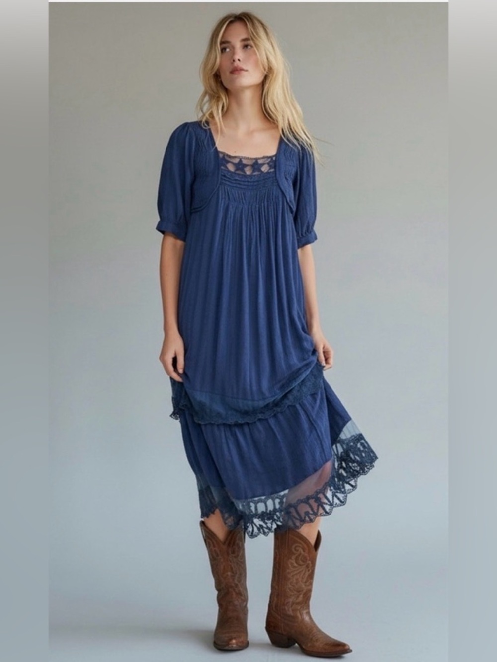 SOLD. FREE PEOPLE Calder Midi Dress in Skipper Blue / Navy Blue size small - Picture 2 of 15